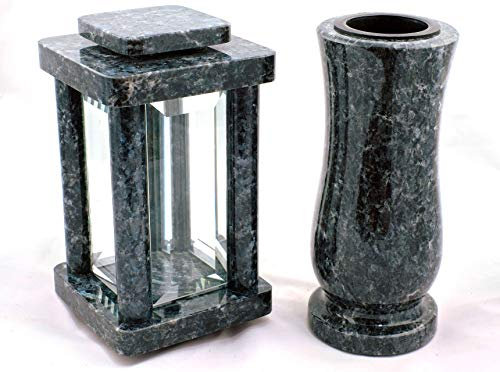 designgrab Modern Grablampe mit Vase aus Granit Labrador Blue Pearl, Grabschmuckset