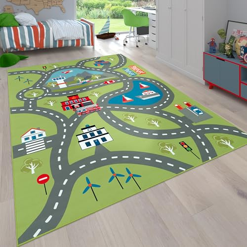 Paco Home Kinder-Teppich Für Kinderzimmer, Spiel-Teppich Mit Straßen-Motiv rutschfest In Grün, Grösse:200 cm Quadrat