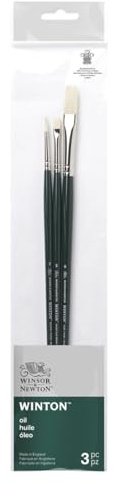 Winsor & Newton 5990609 Winton Pinsel Sets für Ölfarbe, Acrylfarbe und Alkydfarbe aus hochwertigen Schweineborsten -3 Pinselset - Rundpinsel Nr. 2, Flachpinsel kurz Nr. 2, Flachpinsel Nr. 6