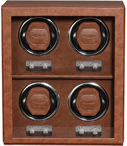 ROTHWELL 4 Watch Winder for Automatic Watches with Quiet Motor with Multiple Speeds and Rotation Settings (Tan/Brown)