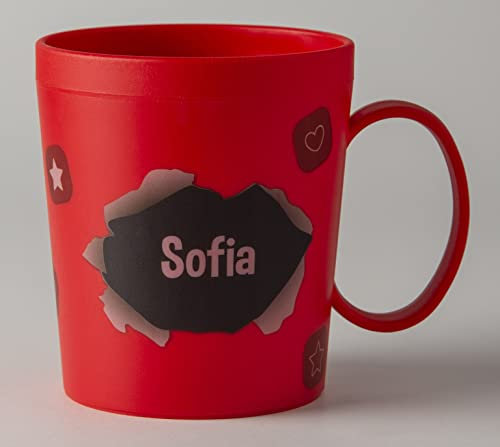 ILS I LOVE SHOPPING Taza personalizada con nombre, vaso de plástico, 350 ml, para microondas con asa de desayuno, fabricado en Italia (Sofía)
