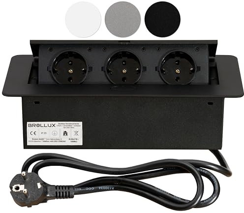 Bloc multiprise encastrable escamotable, à 3 prises, en aluminium moulé par injection, avec ouverture douce, prête à être branchée avec câble et fiche