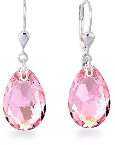 Schöner-SD 925 Silber Ohrringe Tropfen Kristall 16mm Light Rose Rosa