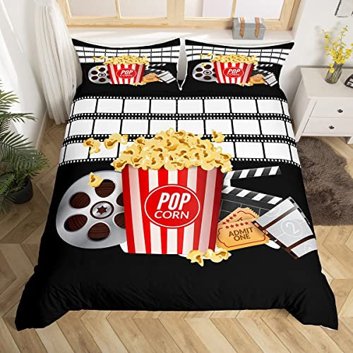 Movie Theater Bedding Set Single Vintage Cinema Ticket Tape Duvet Cover for Kids Teens Adult Popcorn Film Snack Comforter Cover Filmstrip Printed Bed Sets Retro Clapper Board Quilt Cover, Black