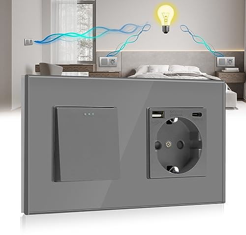 BSEED Interruptor de pared con Enchufe USB Gris,1 Gang 3 Vías Interruptor conmutador+16Amp Schuko Enchufe con 1 Puerto Tipo C y 1 Puertos USB,16Amp Interruptor de luz de botón pulsador