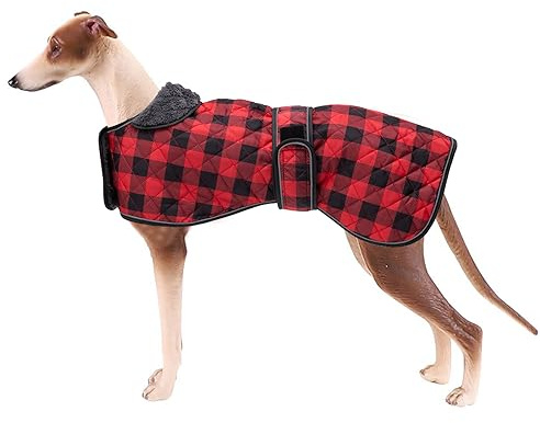 Geyecete Wasserdichter Hundemantel,Windhund Mantel,Whippet Hundejacke Winter,mit Warmem Fleecefutter innen,Verstellbaren Outdoor Hundebekleidung für Windhunde/Lurcher/Whippet-Kariert Rot-XL