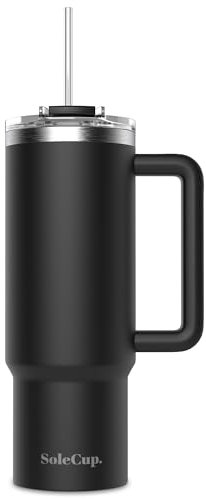 SoleCup. 30oz Travel Mug with Handle, Lid and Two Straws, Drinks Stay Hot for 8 Hours and Cold for 24 Hours - Double Wall Stainless Steel Vacuum Insulated Tumbler (Black, 30oz)