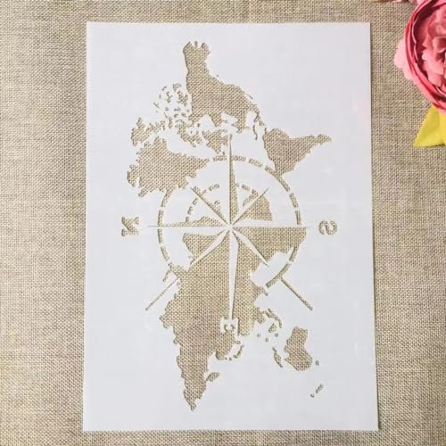 A4 29 cm Weltkarte Kompass Wiederverwendbare Malschablonen Love Home Vorlage zum Malen auf Holz, Veranda, Haustür, Wand Wohnkultur