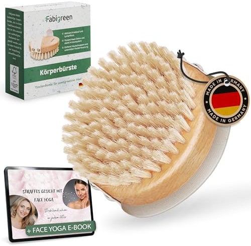 Fabigreen® - Premium Körperbürste [MADE IN GERMANY] - Trockenbürste Körper inkl. E-Book mit Face Yoga & Tipps - Cellulite Bürste für Peeling Körper & Lymphdrainage - 100% Naturborsten & FSC Buchenholz