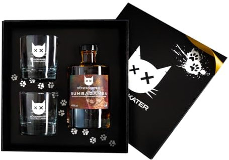 Böser Kater RUMbazamba Caramel Toffee Geschenkset mit 2 Gläsern, feine Geschmacksnoten von Rum & Karamell, das perfekte Geschenk in hochwertiger Box, 0,5l 40% Vol.