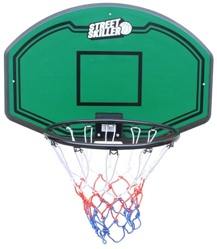 STREETSKILLER Basketballkorb mit 43 cm Durchmesser, Board, geflochtenem Basketballnetz und Wandhalterung, inklusive Montagezubehör. Für Kinder und Erwachsene, Innen- und Außenmontage (Grün/Schwarz)