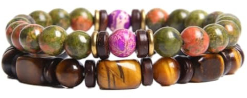 Tesselite Steinarmband - Modisches Natursteinarmband für Herren, Tigerauge-Steinperlen, Doppelschicht-Kombinationsset, Retro-Armband im Sommerstil, glänzendes Grün, Einheitsgröße