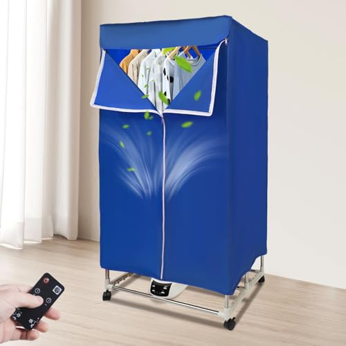 Donened - Secadora de ropa, secadora eléctrica con temporizador, 1500 W, secadora multifuncional con mando a distancia y cubierta exterior, plegable, secador de bomba de calor (azul)