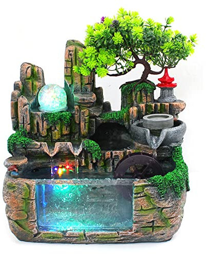 HauTour Indoorbrunnen Tischbrunnen Wasserfall mit Nebel Steingarten Grüne Pflanze für Home Schlafzimmer Schreibtisch Dekoration 30 x 20 x 30 cm