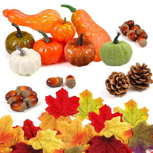 HONGECB 50 Pièces Décoration De Citrouilles Automne, Citrouilles Artificielles, Petites Mini Fausses Artificielles Gourde Feuilles d'Érable Cônes De Pin Glands pour La Décorations De Thanksgiving