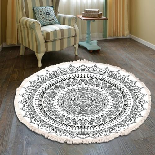 Tomifine Tappeto Bohémien, Motivo Mandala Rotondo Tessuto Tappeti con Nappe per Camera Letto, Corridoio, Soggiorno, Lavabile in Lavatrice (60cm,Grigio)