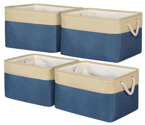 Univivi Canvas Storage Boxes, 43 x 30 x 25cm Extra Large Fabric Storage Baskets for Shelves with Rope Handles, Foldable Storage Box for Kallax Unit Organizing Clothes Nursery Home- Navy, Set of 4