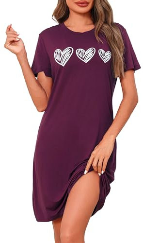 Marvmys Chemise De Nuit Femme en Coton Robe De Nuit à Manches Courtes Vêtement De Nuit à Imprimé Cœur à Col Rond Violet Foncé 3XL