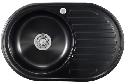 Proaja 77x50x18cm - Fregadero de cocina (1 bandeja, fregadero de acero inoxidable 304, 0,8 mm, fregadero de acero inoxidable cepillado, redondo, escurridor negro