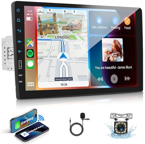 VECHTEL Autoradio 1 Din con Carplay Android Auto senza Fili, 9 Pollici Schermo Tattile Stereo Auto Bluetooth, Radio FM, Supporto Mirror Link, USB, Comandi al Volante, Microfono, Telecamera Posteriore
