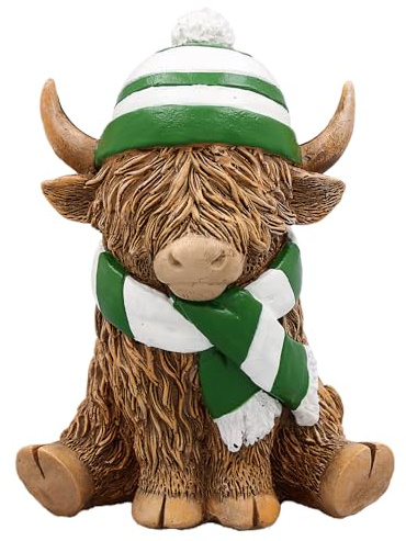 L & P Home & Gifts LP74352 Highland Cow Scarf & HAT, Ceramic, Green & White | Seasonal Character, Warm Accessories, Stable Base, Farmhouse Display, Charming Collectible, Keepsake Gift