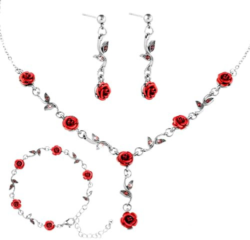 Ensemble de Bijoux en Rose Rouge pour Femmes Bijoux de Mariée Collier Pendentif Bracelet Boucles D'oreilles Ensemble de Bijoux Vintage en Or Rose pour Filles Femmes avec Mariage (Argent)