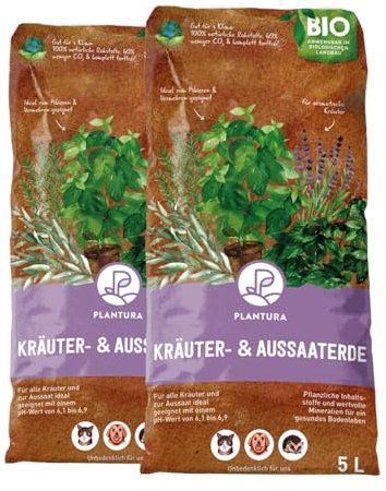 Plantura Bio-Kräuter- & Aussaaterde, torffrei & vegan, Bio Erde mit Perlite, zur Anzucht & für Kräuter, 2 x 5 L (10 L)