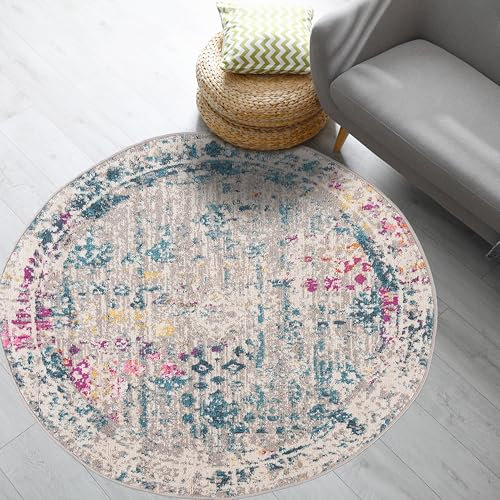 Mazovia Teppich - Bunt Mehrfarbig Modern Ethnisch Teppich für Wohnzimmer, Schlafzimmer, Esszimmer, Büro - Kurzflor Rund - ÖKO-TEX Zertifiziert - Abstrakt Teppiche - Grau Bunt - 200 x 200 cm