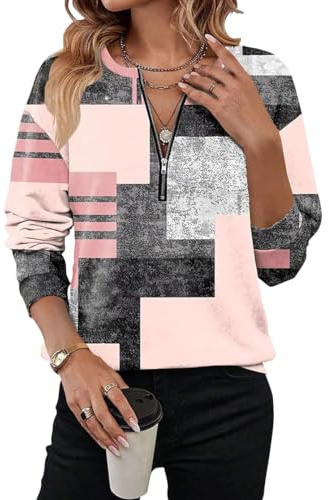 shownicer Sweatshirts Femme Hiver Automne Manches Longues Col en V Patchwork Pull sans Capuche Décontractés Haut avec Zippé
