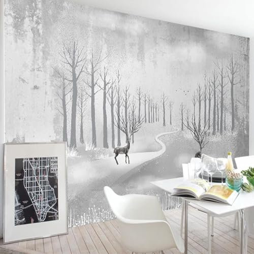 XLMING Schwarz-Weißer Baumhirschpfad 3D Dekorative Tapete Speisesaal Arbeitszimmer Wohnzimmer Schlafzimmer Sofa TV Wand-150cm×105cm