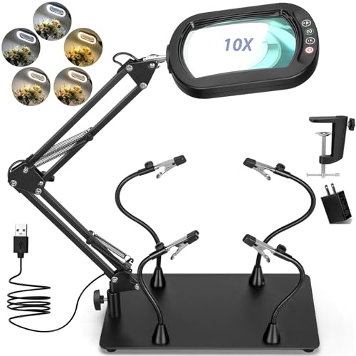 Drdefi Helping Hands Soldering Station, 10X Square Magnifying Glass with Light and Stand, 4 Magnetic Third Hands Soldering Tool, PCB Holder Solder Magnifier Desk Lamp for Soldering Electronic Repair