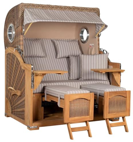 MR. DEKO® Strandkorb Düne Grande XL 2,5-Sitzer Teak | PE Geflecht Banana - Dessin 501 | Volllieger Strandstuhl mit Bullauge inkl. 2 Fußablagen | je 2 Kissen und Nackenkissen | Strandkörbe aus Teakholz