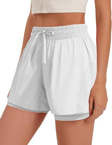 PINSPARK Sporthose Damen Kurze 2 in 1 Sport Shorts mit Taschen High Waist Laufhose Dammen Schnelltrocknende Trainingshose Running Shorts Fitness Yoga Jogging Weiß S