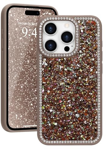 Ethanger Glitter Rhinestone Crystal Case for iPhone 15 Pro Max, Brown | Glamorous Sparkling Back, Aesthetic Bling Diamond Cover, for Women Girls, Shockproof Protective Phone Case