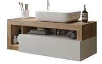 Robas Lund Hamburg Waschtisch, Modern, Badezimmer, 110x61x49 cm, Weiß Hochglanz/Eiche Cadiz, Melamin-Holzwerkstoff, Keramik-Waschbecken, Hängend