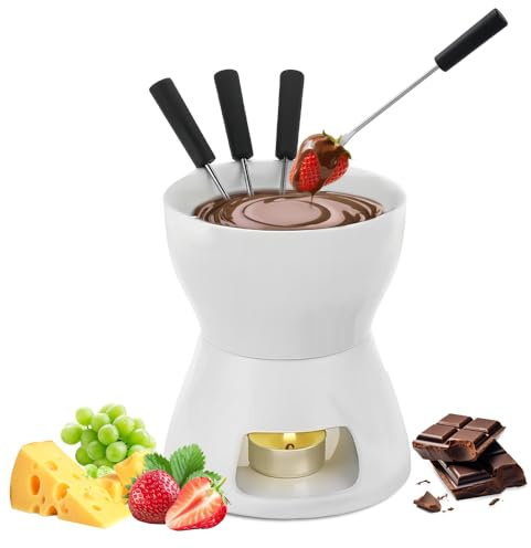 WDKXCN Tazza Sciogli Cioccolato, Set Fonduta Cioccolato Ceramica con Lumino e 4 Forchette, Tazza per Fonduta di Cioccolato, Chocolate Fondue per Cena in Famiglia, Dessert, Ristorante e Bar