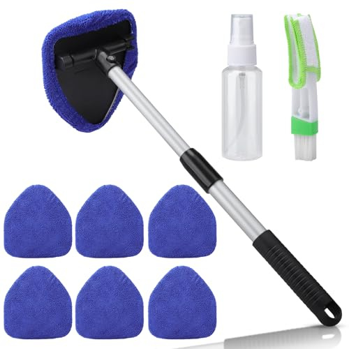 Auto Scheibenreiniger mit 6 Mikrofaserpad und Sprühflaschen,Windschutzscheiben Reiniger Innen mit Ausziehbarer Griff,180 Grad Schwenkbar Auto Fensterwischer Kit