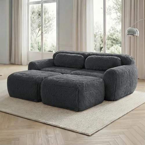 BLUON HOME Sofa,Sofas & couches,Cloud Couch,Boneless Cloud Sofas, Weicher Flauschplüsch-Stoff, Modulares Schlafsofa mit 2 Ottomans, Zweisitzer-Sofas, Montagefrei, Bequemes Sofa für Wohnzimmer (Grey)