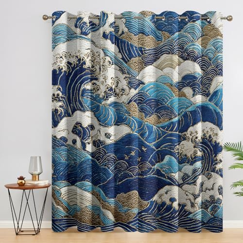 DITHYRAM Japanischer Vorhänge Mit ösen Blickdicht, Wellen Chinesisch Orientalisch Vorhang Schlafzimmer Wohnzimmer Küche 140 x 245 cm Lang, Übergardinen Innen Verdunklungsvorhänge