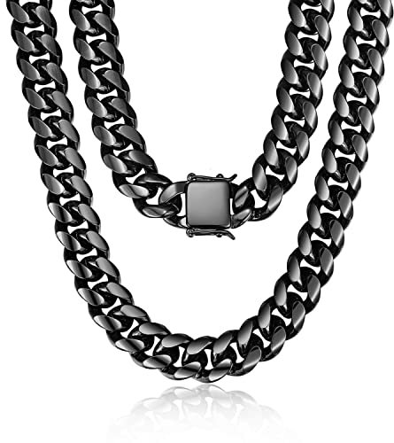 ROWIN&CO Herren Halskette Edelstahl Panzerkette Schwarz Kette Hip Hop Schmuck Miami Kubanische Kette 18-35 Zoll | 15 mm • Cuban Link Chain Persönlichkeit Gliederkette.