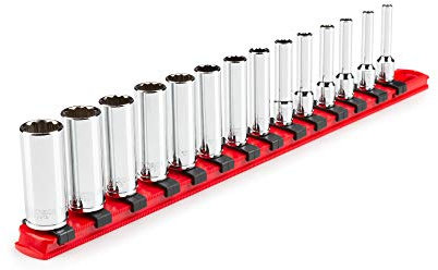 TEKTON 1/4 Inch Drive Deep 12-Point Socket Set with Rail, 14-Piece (4-15 mm) | SHD90114
