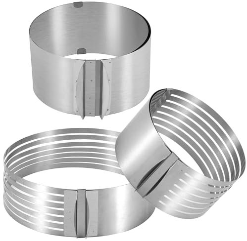 KEILEOHO Layer Cake Slicer Set, 2 PCS Stainless Steel Adjustable 7 Layered Bread Cutter Ring with Respective Diameter of 6-8 Inches and 9-12 Inches 3.4 Inches High and 1 PCS Adjustable Biscuit Cutter