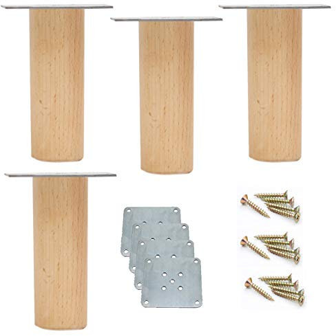 4er Set Schrankfüße aus Natürliches Massivholz,Holz Möbelfüße Möbelbeine,Buche Sofafüße,Ersatz Tischfüße,Geeignet für Esstisch,Couchtisch,Mit Montageplatte und Schrauben,Holzfarbe(50cm)