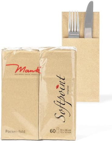 Mank Besteckservietten aus Softpoint | Pub Bestecktaschen | 40 cm x 33 cm 1/8 Falz | mit Besteckschlitz für Gastronomie und Feiern | 50 Stück | (Recycled Braun)