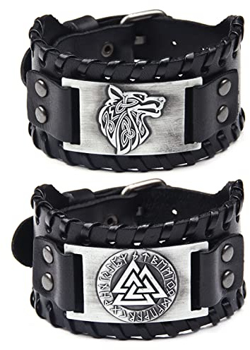Sehaby 2 Stück Wikinger Keltisches Knoten Armband, Silbernes Wolfskopf-Lederarmband, Vintage Wide Cuff Wristband Armreif, Nordic Odin Armband, Mittelalter Amulett Schmuck Armband für Damen Herren