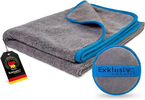 Exklusiv Chemie® Trockentuch Extra Groß - 90 x 60 cm - 470 GSM + Handpolierschwamm | Saugstark, Fusselfrei & Lackschonend | Mikrofasertuch Auto Groß | Extra Weiche Autopflegetücher | Q3