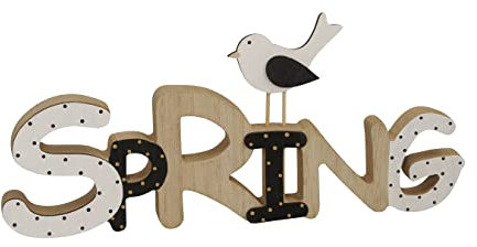 Posiwio dekorativer Schriftzug Spring Frühling mit Vogel und Punkten oder Blume aus Holz (beige schwarz weiß), ca. 28 x 2 13 hoch