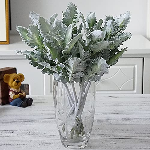 JFBUCF Künstliche beflockte Lamm-Ohrblätter, 38 cm, beflockte Grünpflanze, Silberblatt, Chrysantheme, Hasenohren, Blätter, Stiele für Zuhause, Hochzeit, DIY-Dekoration, Grün, 6 Stück