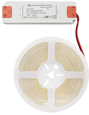 Long Life Lamp Company IP65 Water Proof Outdoor & Indoor LED Strip Light Tape Cool White Continuous COB Illumination 5 Metres 12v