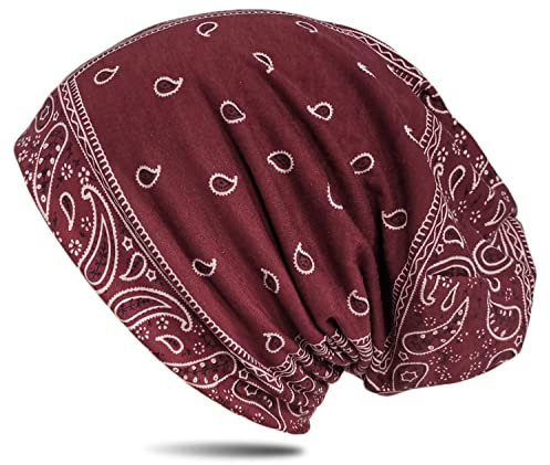 WANSSY® Damen Herren Unisex Uni Farbe Beanie mit Färbemuster Federmuster Fashion Einheitshröße Kopfbedeckung (Weinrot)